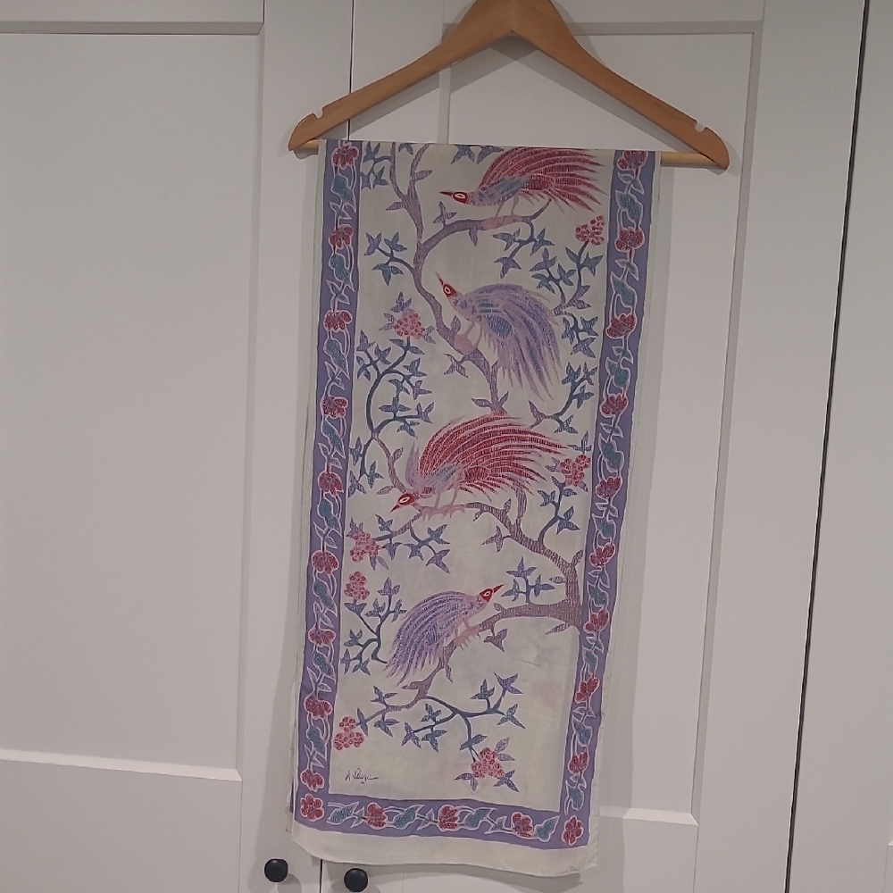 Bird Patterned Scarf with Purple and Red Accents